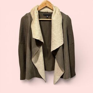 Saks Fifth Avenue wool blend olive open front cardigan faux shearling trim luxe